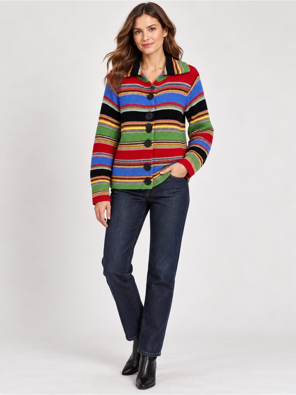 Liz Claiborne Multicolor Striped Button-Front Wool Blend Cardigan PL Retro Artsy